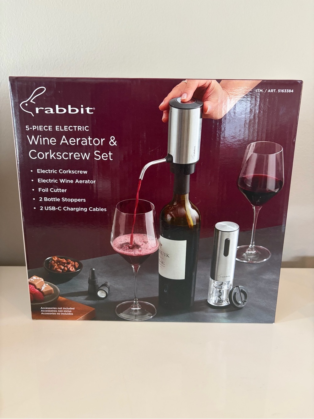 NEW Rabbit 5-piece Electric Wine Aerator & Corkscrew Set